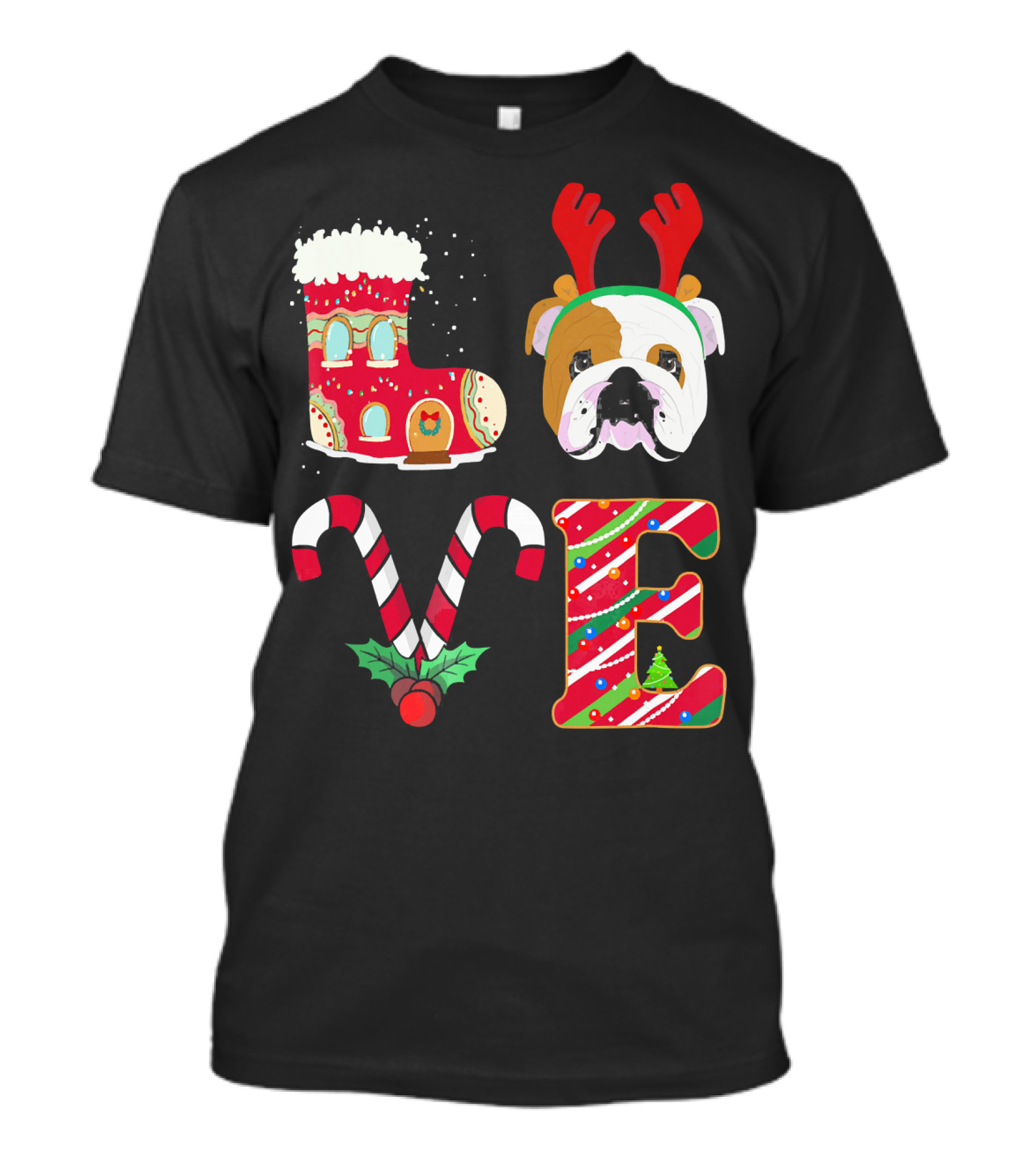 Love My English Bulldog Christmas Holiday Antlers Candy Cane T-Shirt