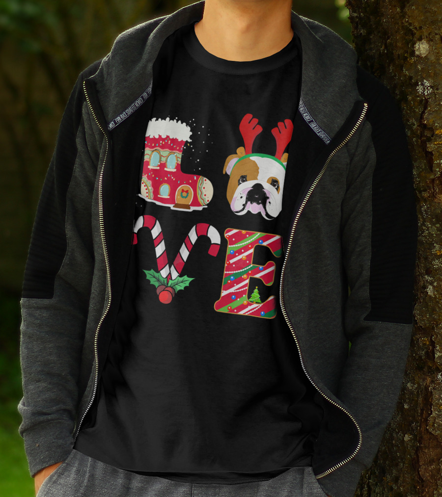 Love My English Bulldog Christmas Holiday Antlers Candy Cane T-Shirt