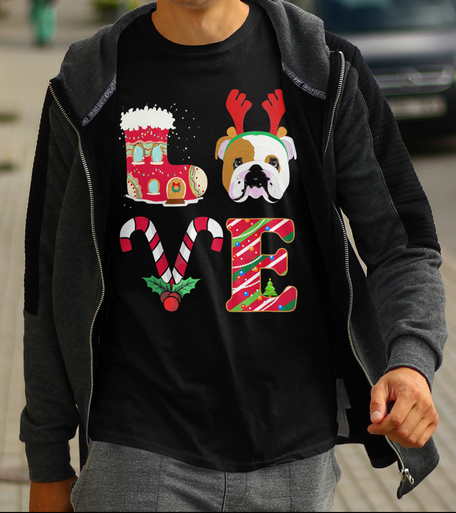 Love My English Bulldog Christmas Holiday Antlers Candy Cane T-Shirt