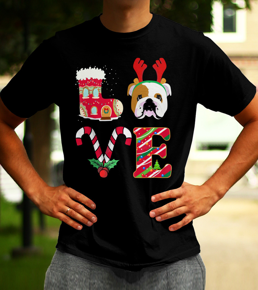 Love My English Bulldog Christmas Holiday Antlers Candy Cane T-Shirt