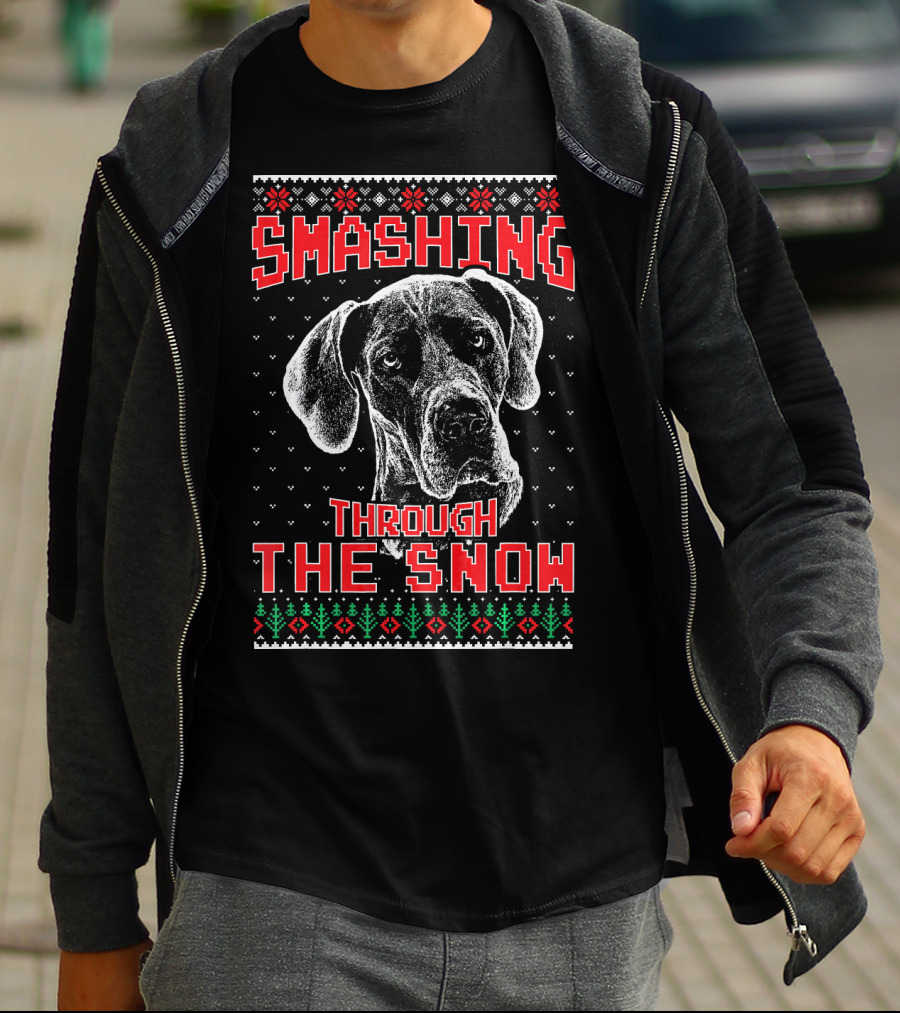 Smashing Through The Snow Great Dane Ugly Christmas T-Shirt
