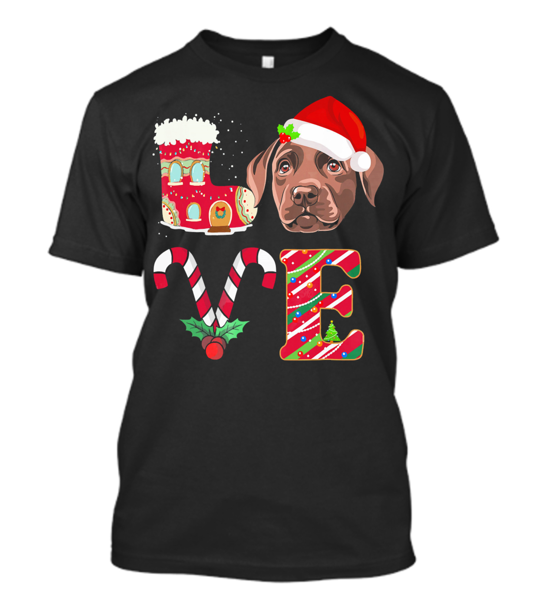 I Love My Chocolate Labrador Christmas Theme With Santa Hat And Candy Cane Decorations T-Shirt