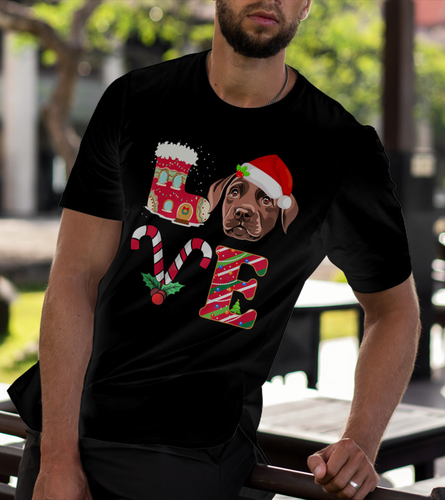 I Love My Chocolate Labrador Christmas Theme With Santa Hat And Candy Cane Decorations T-Shirt