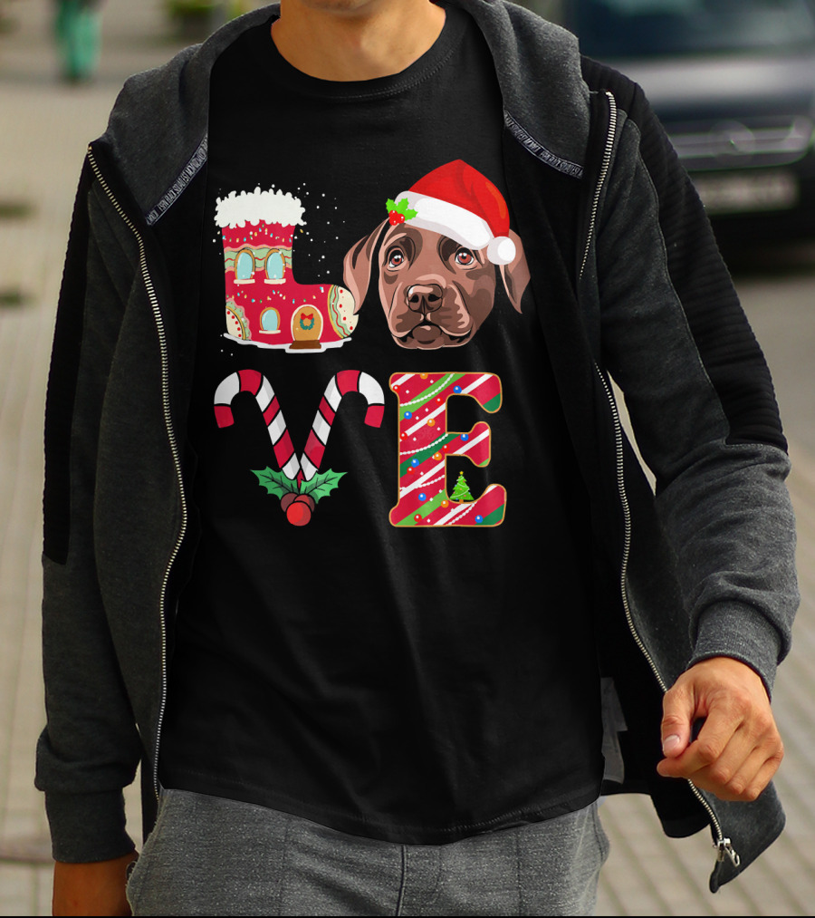 I Love My Chocolate Labrador Christmas Theme With Santa Hat And Candy Cane Decorations T-Shirt