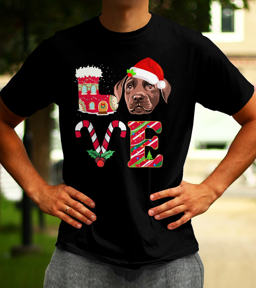 I Love My Chocolate Labrador Christmas Theme With Santa Hat And Candy Cane Decorations T-Shirt