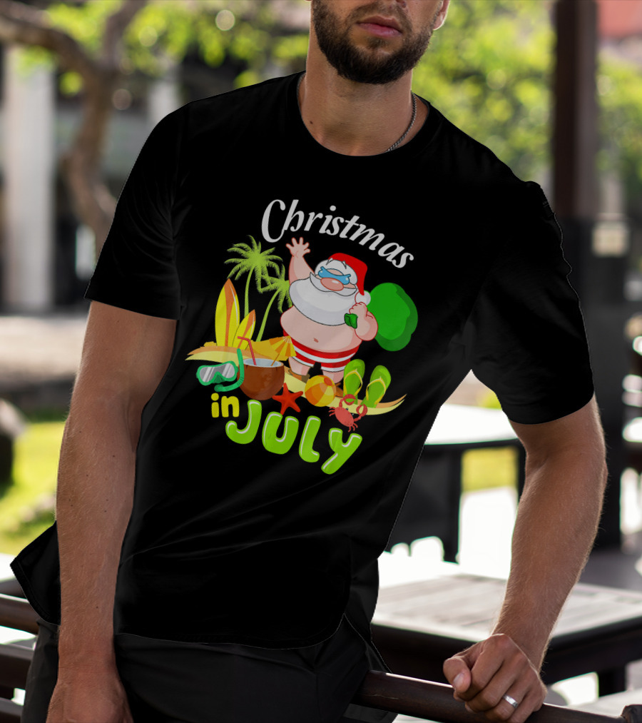Christmas In July Santa With Surfboards, Palm Trees, Tropical Drinks, And Beach Accessories T-Shirt