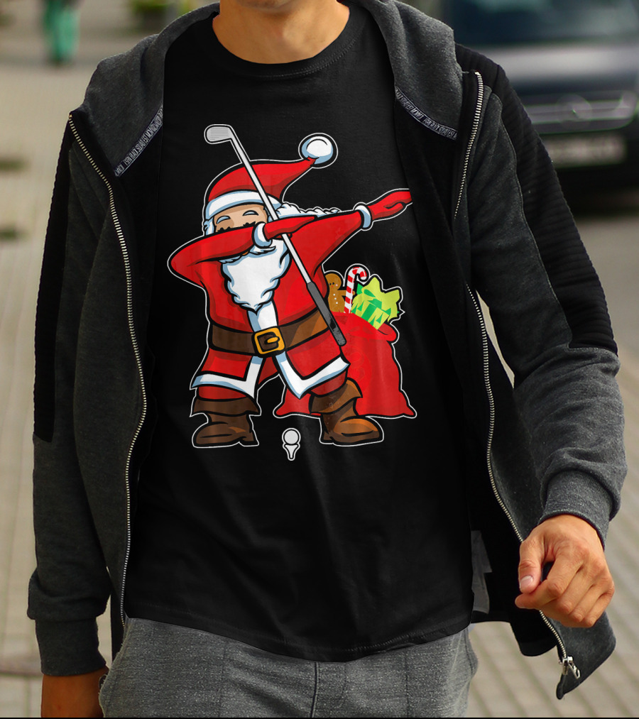 Christmas Dabbing Golf Santa With Gift Bag And Candy Cane T-Shirt