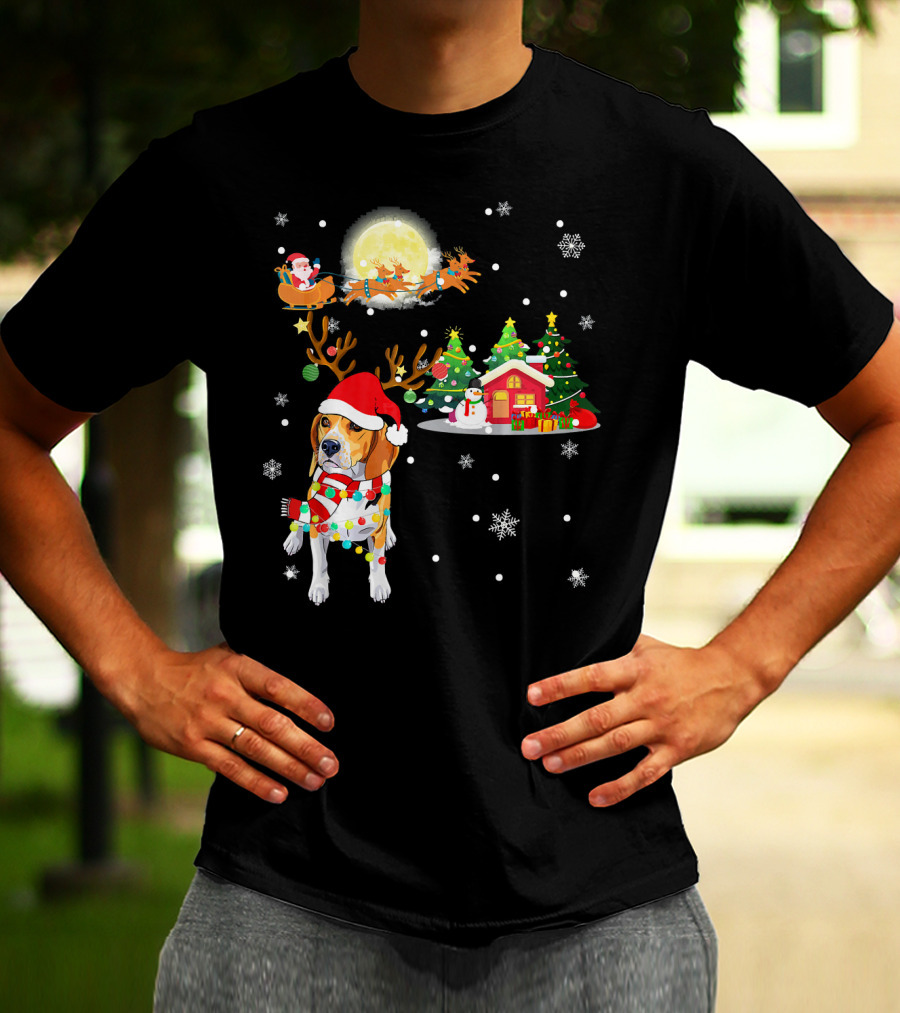 Beagle Christmas Santa Sleigh Trees Snowman Holiday Scene T-Shirt