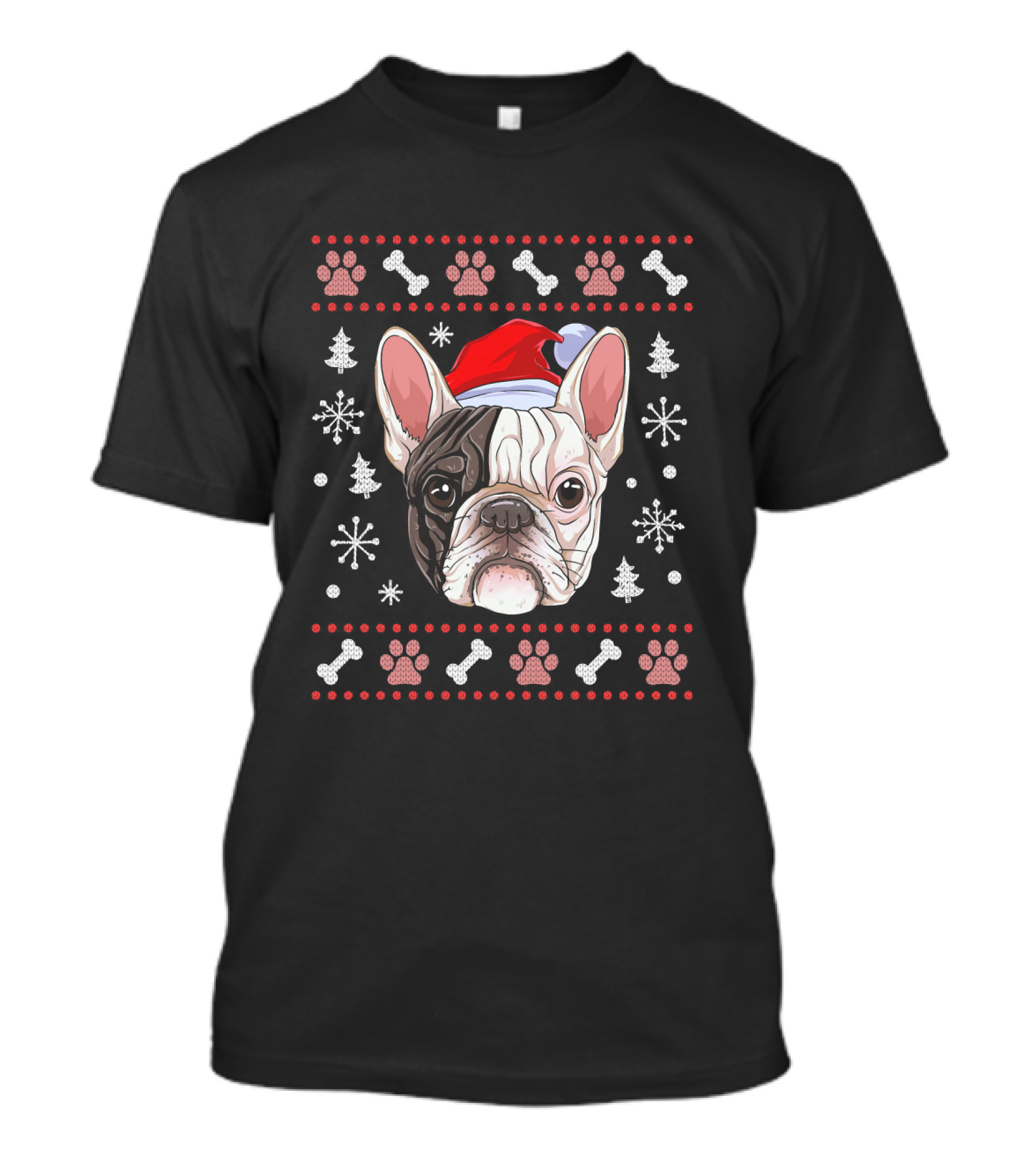 French Bulldog Christmas Santa Hat Snowflake Paw Bones T-Shirt