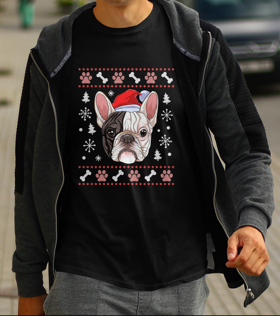 French Bulldog Christmas Santa Hat Snowflake Paw Bones T-Shirt