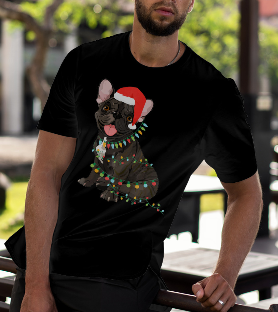 Santa French Bulldog Tangled In Christmas Lights T-Shirt