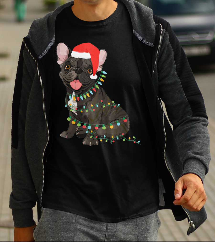 Santa French Bulldog Tangled In Christmas Lights T-Shirt
