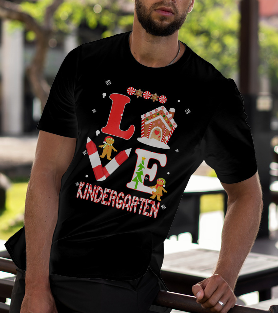 Love Kindergarten Teacher Gingerbread Candy Cane Christmas T-Shirt