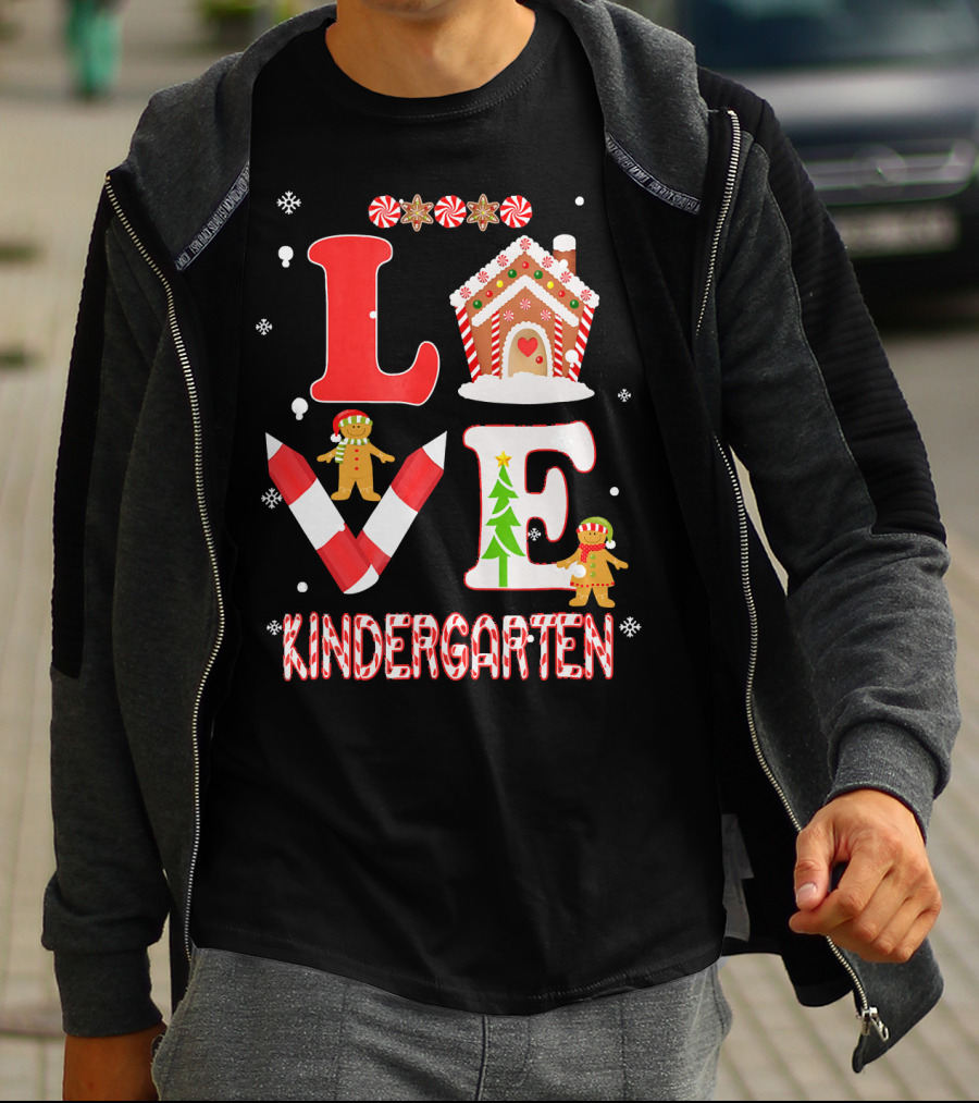 Love Kindergarten Teacher Gingerbread Candy Cane Christmas T-Shirt