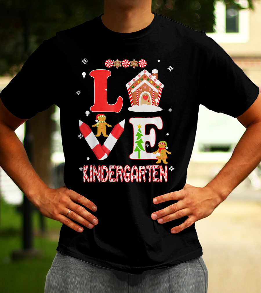 Love Kindergarten Teacher Gingerbread Candy Cane Christmas T-Shirt