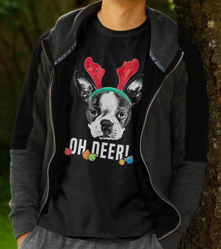 Oh Deer Boston Terrier With Reindeer Antlers And Christmas Ornaments T-Shirt