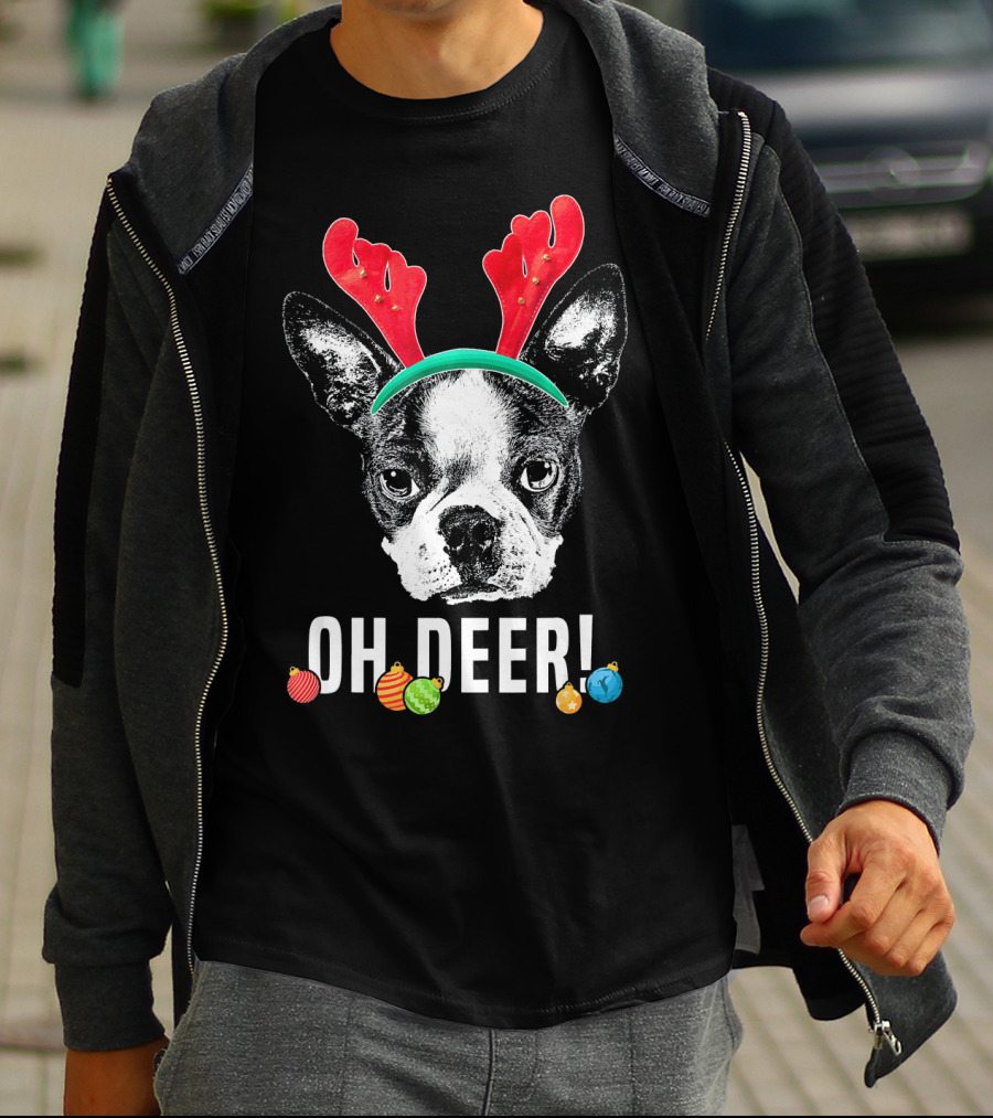 Oh Deer Boston Terrier With Reindeer Antlers And Christmas Ornaments T-Shirt