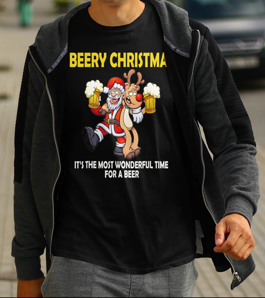 Beery Christmas It's The Most Wonderful Time For A Beer Santa And Reindeer Cheers T-Shirt