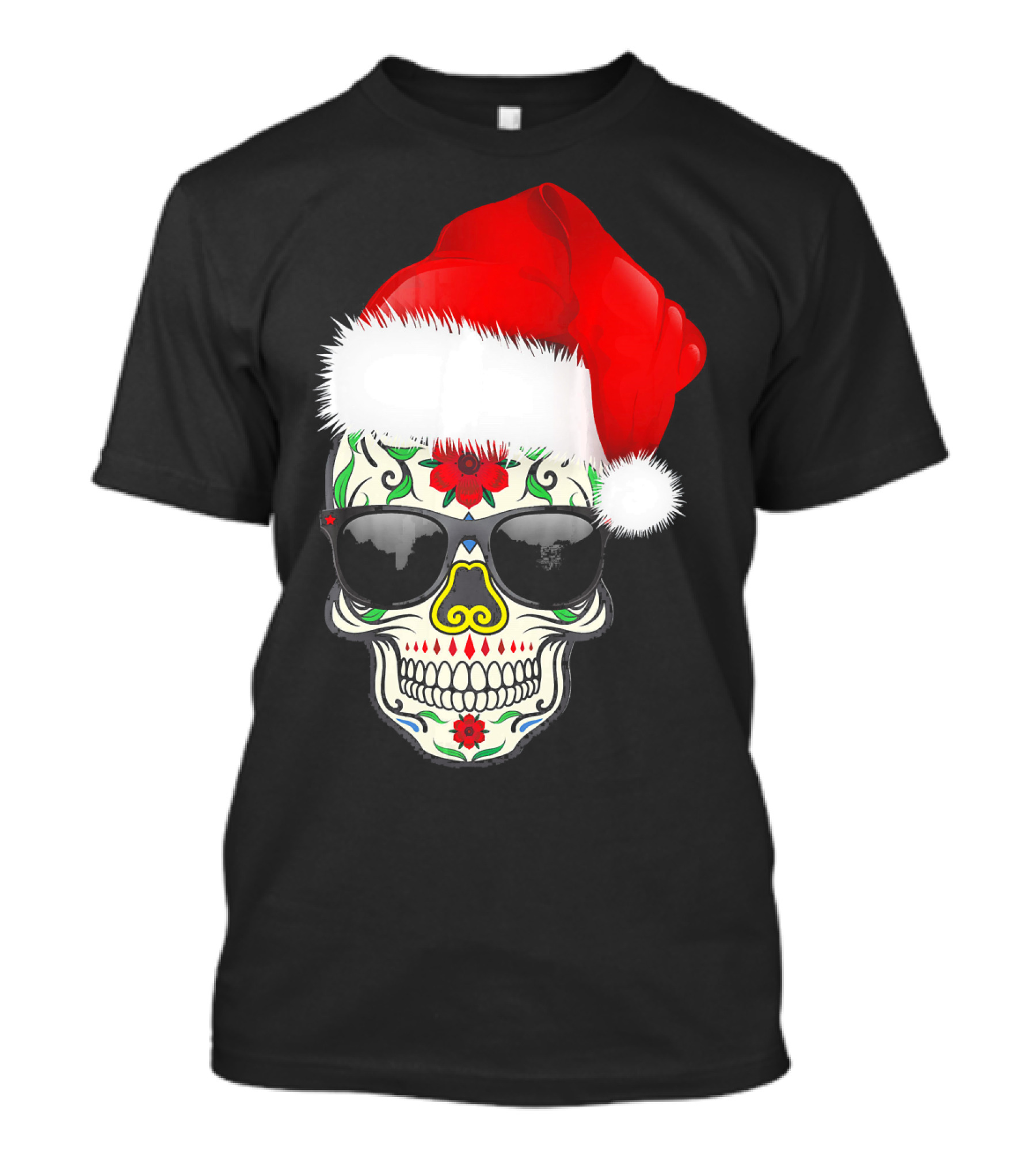 Christmas Santa Hat Day Of The Dead Sugar Skull Suga T-Shirt