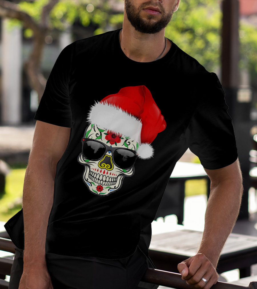 Christmas Santa Hat Day Of The Dead Sugar Skull Suga T-Shirt