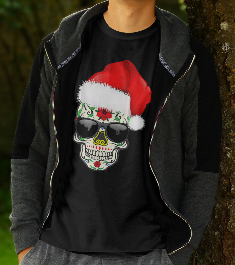 Christmas Santa Hat Day Of The Dead Sugar Skull Suga T-Shirt