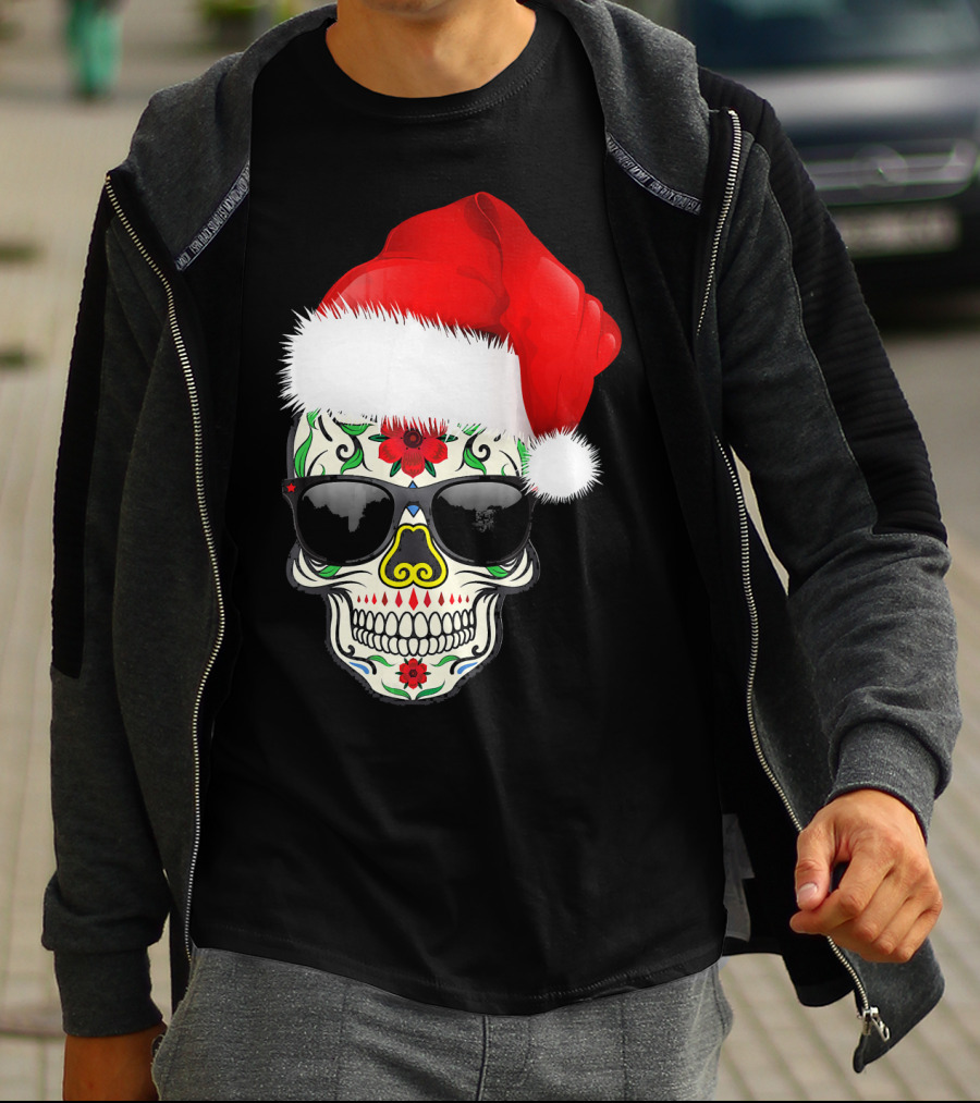 Christmas Santa Hat Day Of The Dead Sugar Skull Suga T-Shirt