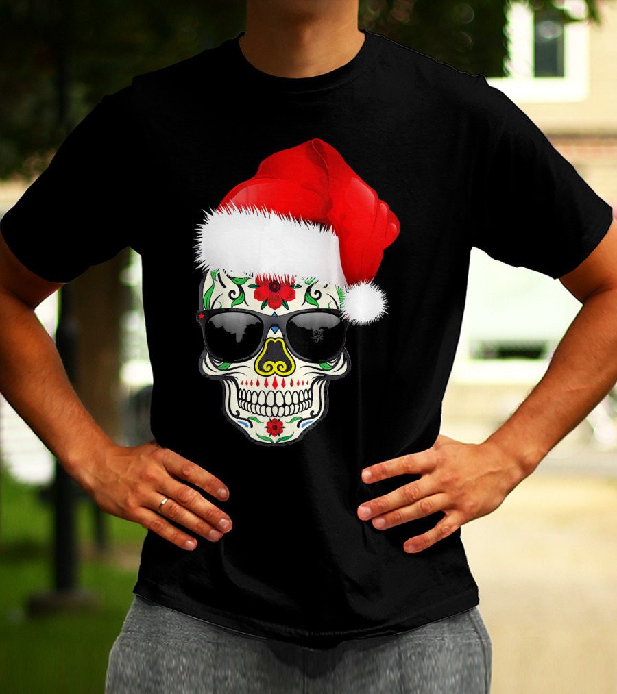 Christmas Santa Hat Day Of The Dead Sugar Skull Suga T-Shirt