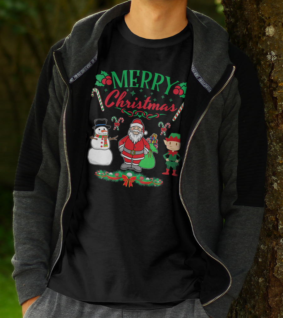 Merry Christmas Santa And Snowman With Elf And Candy Canes T-Shirt