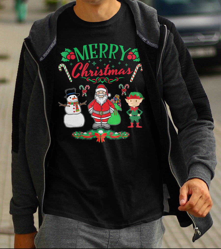 Merry Christmas Santa And Snowman With Elf And Candy Canes T-Shirt