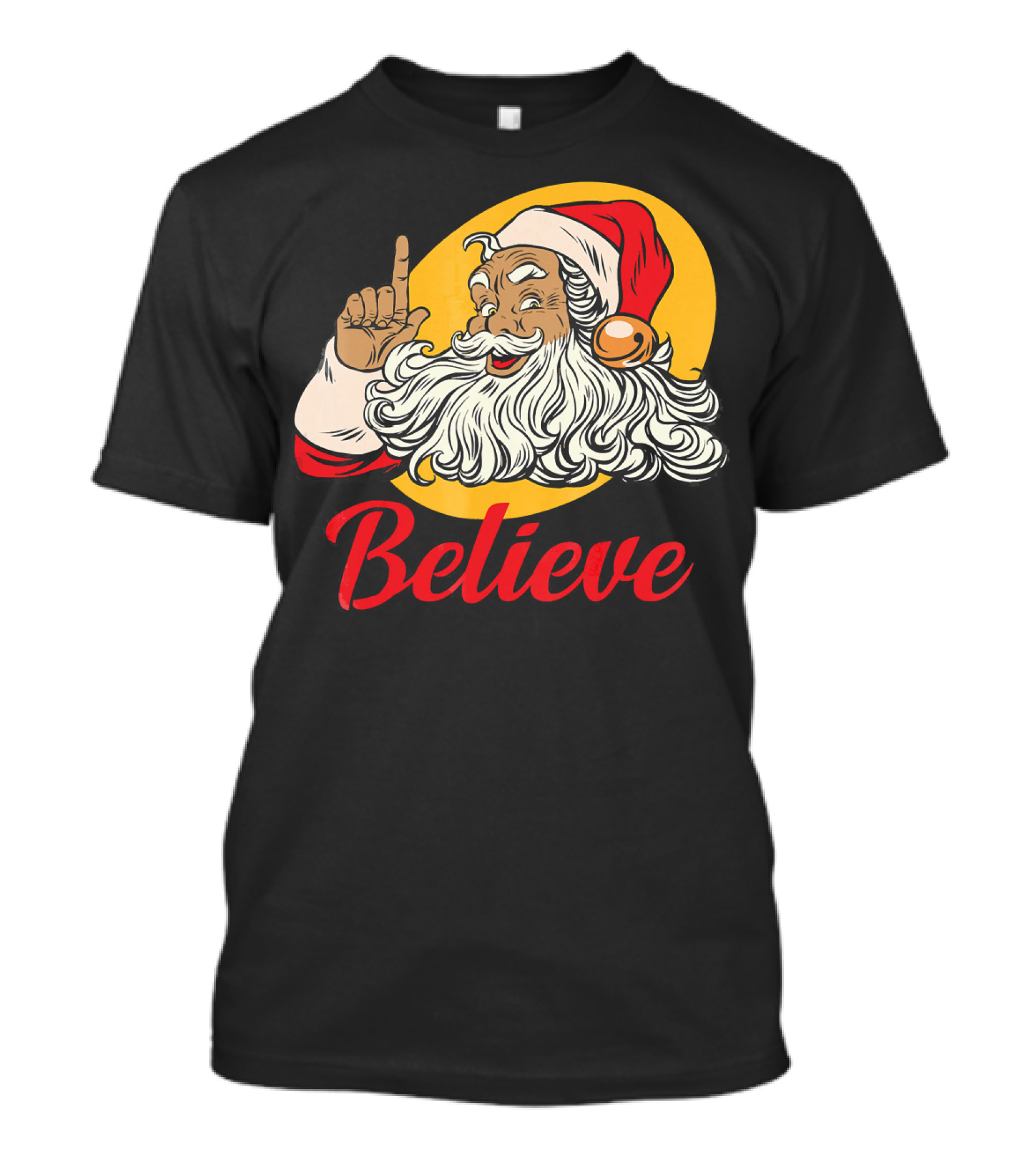 Black Santa Claus With Believe Caption And Yellow Background T-Shirt
