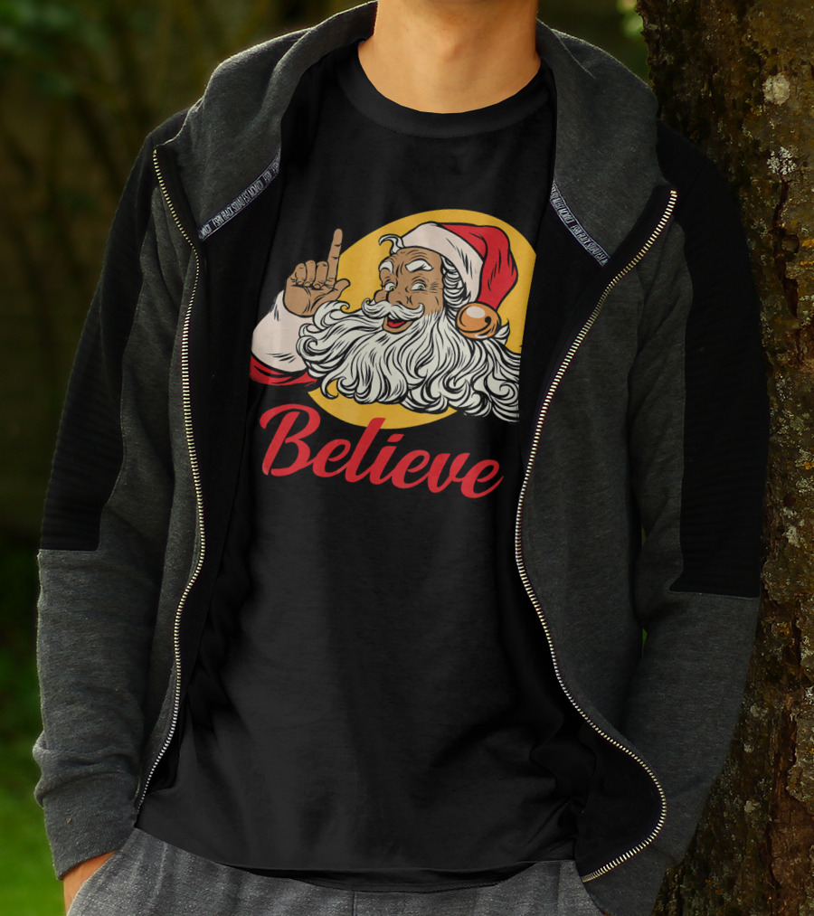Black Santa Claus With Believe Caption And Yellow Background T-Shirt
