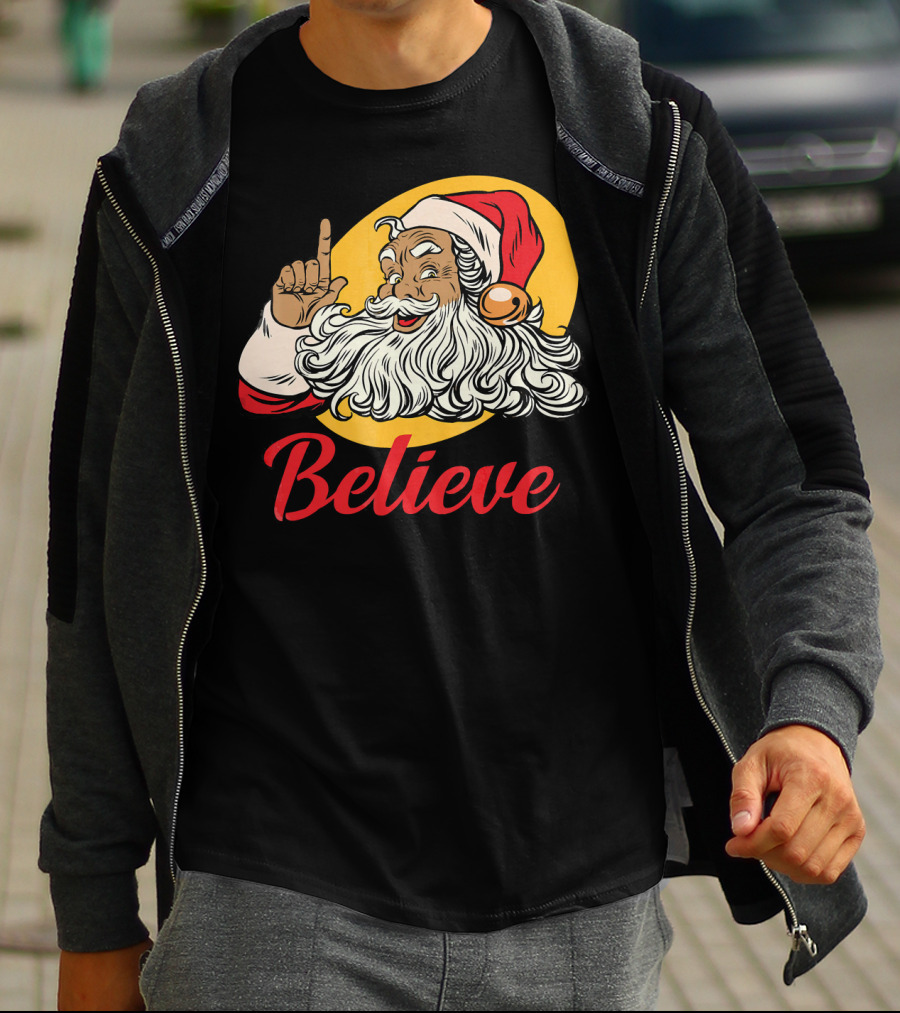 Black Santa Claus With Believe Caption And Yellow Background T-Shirt
