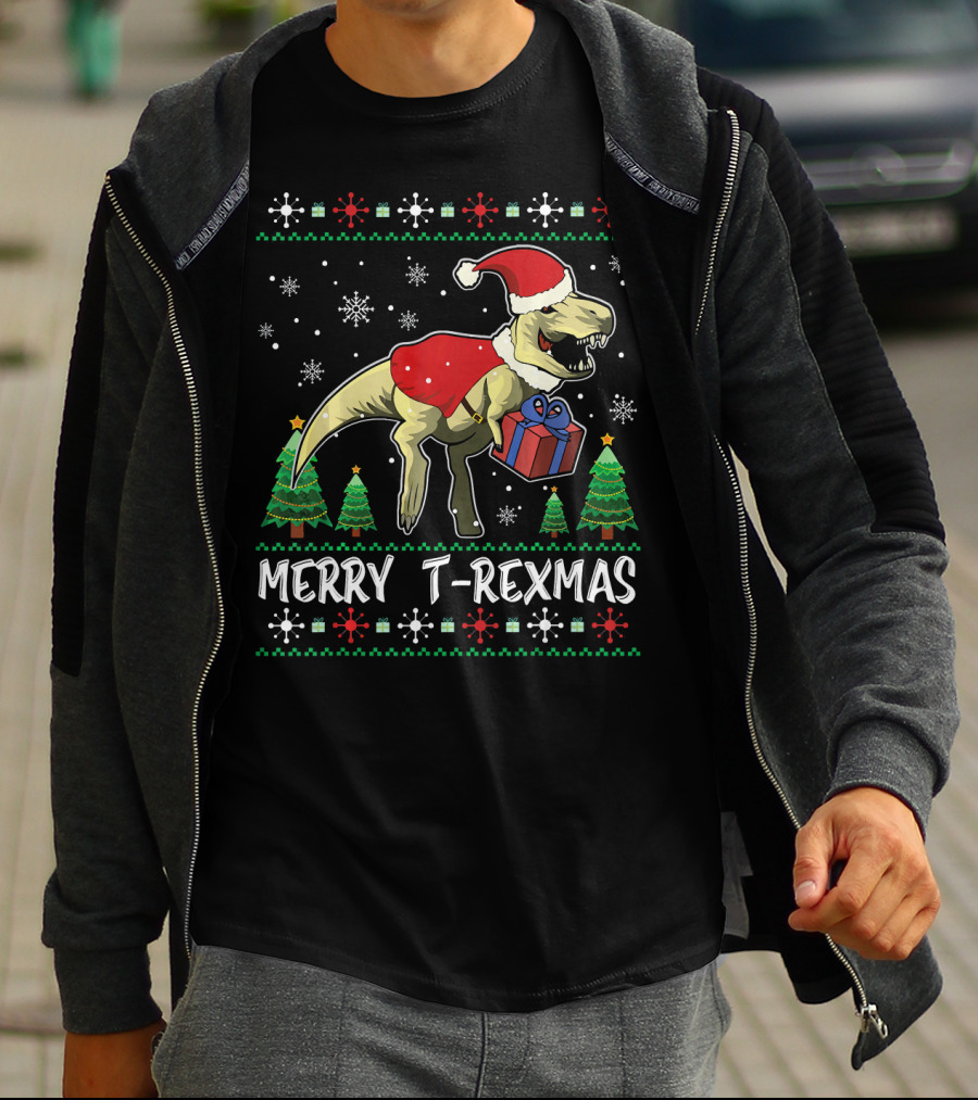 Merry T-Rexmas Dinosaur Santa Claus Holiday Snowflakes Trees T-Shirt