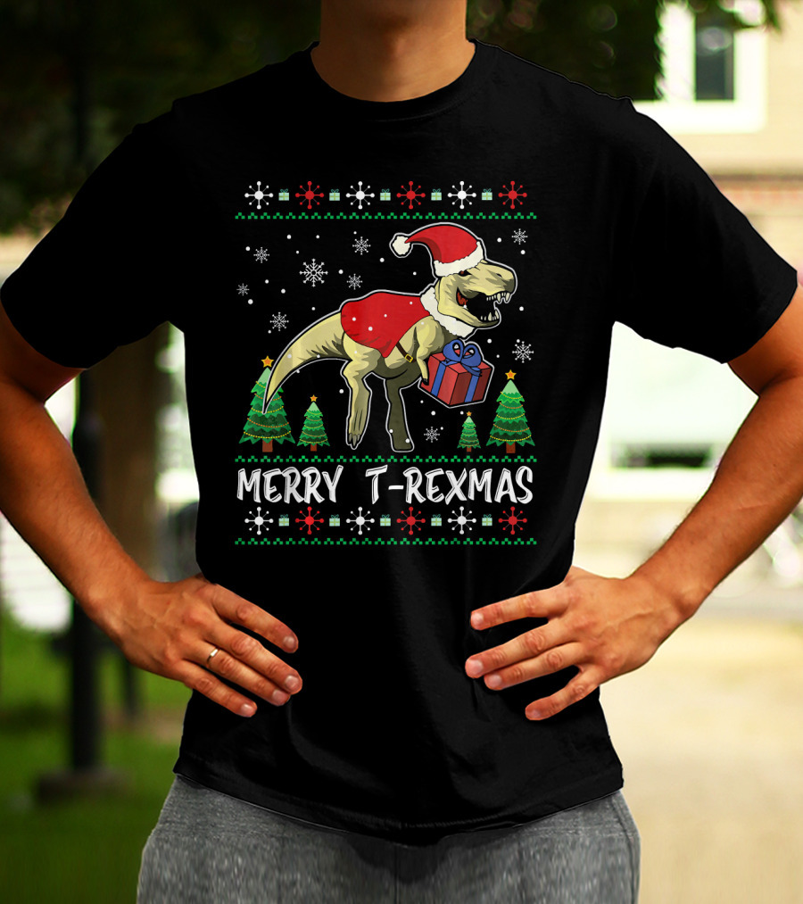 Merry T-Rexmas Dinosaur Santa Claus Holiday Snowflakes Trees T-Shirt