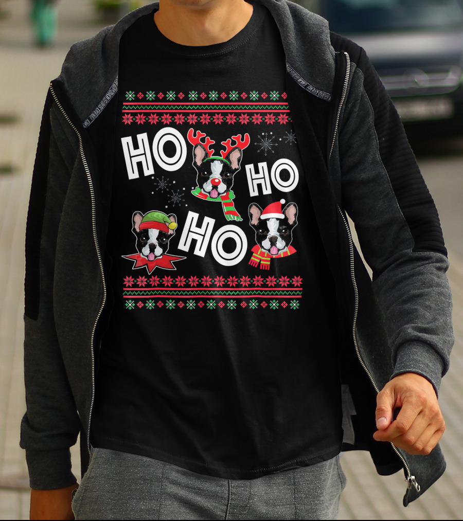 HO HO HO Boston Terrier Funny Do Christmas Reindeer Santa Hat Scarf Snowflakes T-Shirt