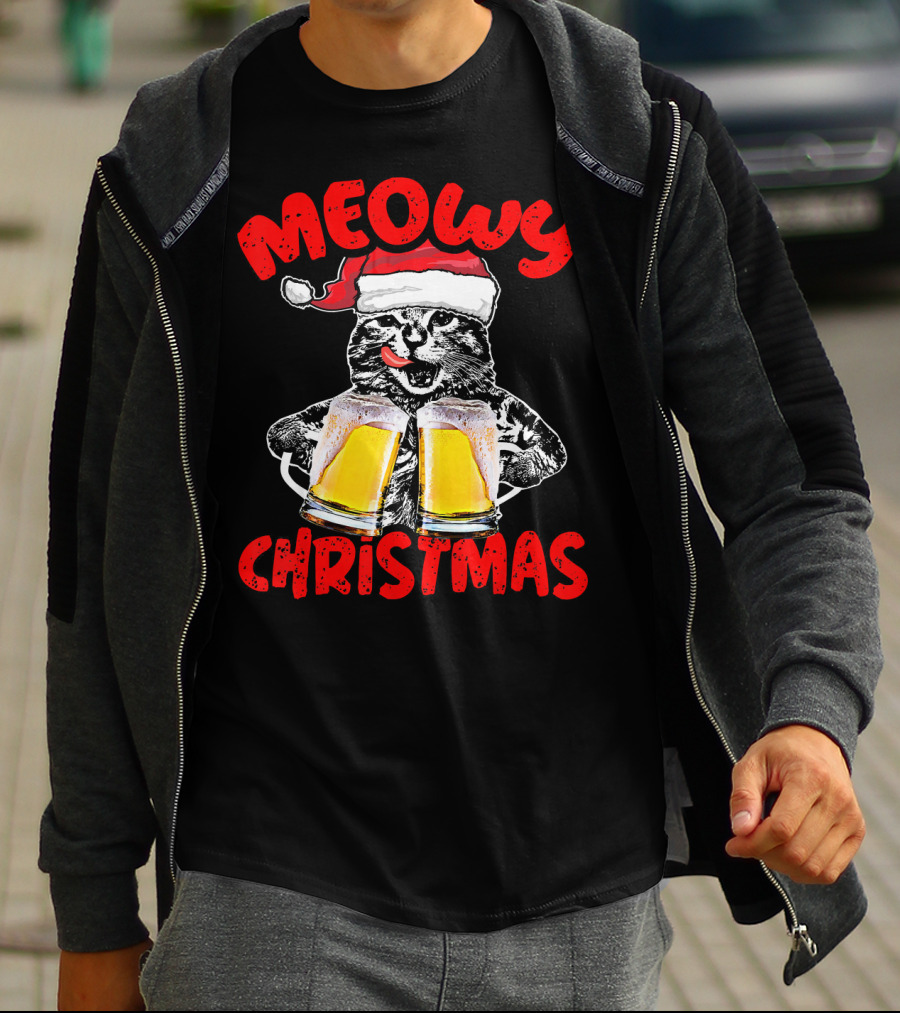 Meowy Christmas Funny Meow Drinking Beer Cat T-Shirt
