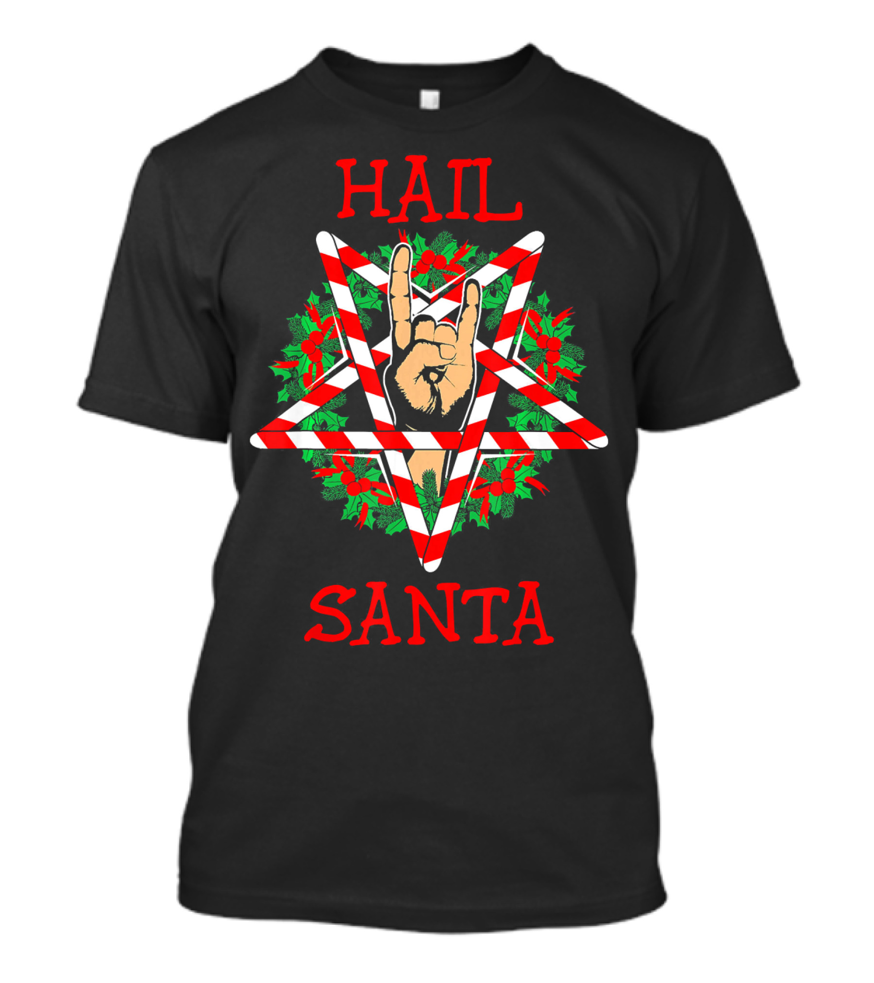 Hail Santa Sleigher Pentagram With Candy Cane And Rock Hand Gesture T-Shirt