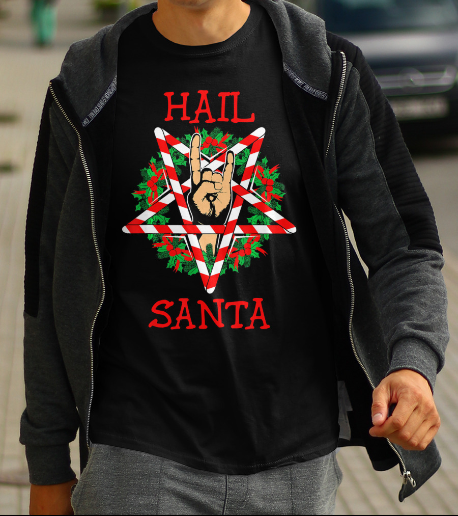 Hail Santa Sleigher Pentagram With Candy Cane And Rock Hand Gesture T-Shirt