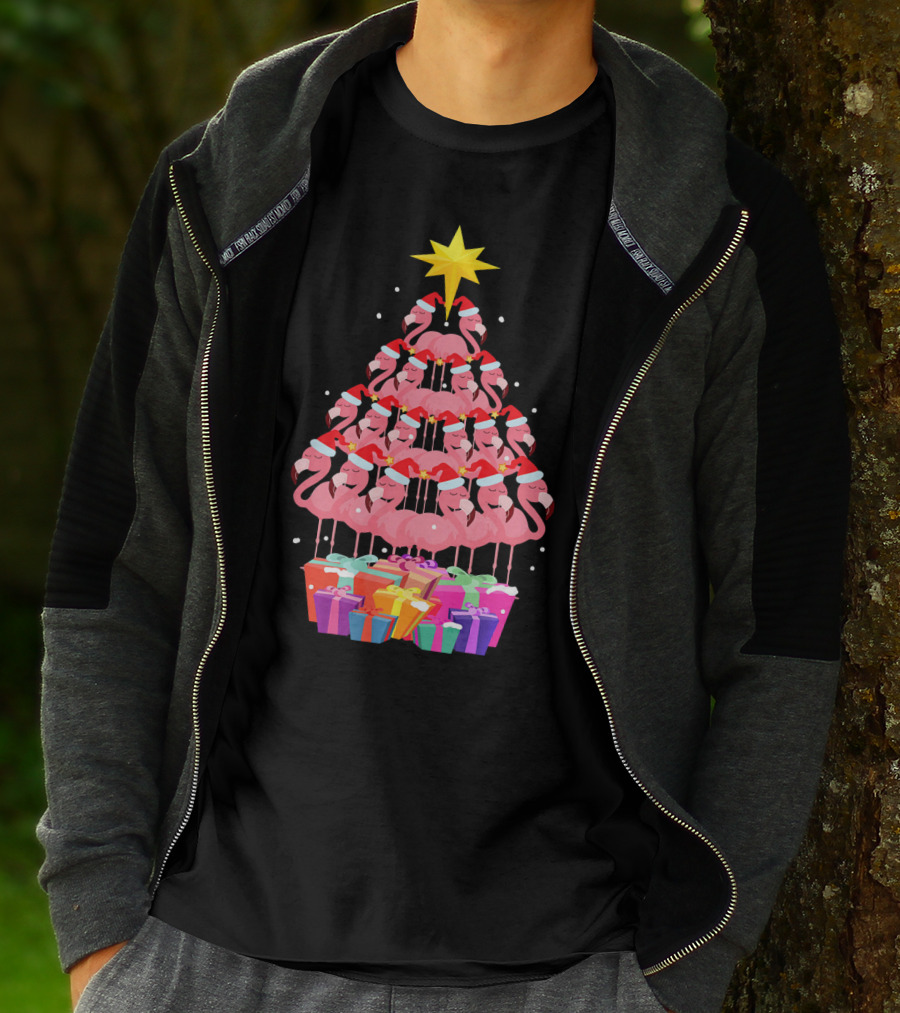 Flamingo Santa Hat Christmas Tree With Gifts And Star T-Shirt