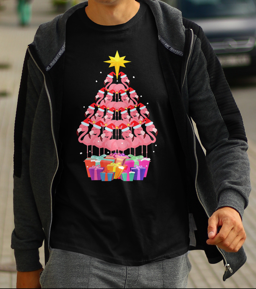 Flamingo Santa Hat Christmas Tree With Gifts And Star T-Shirt