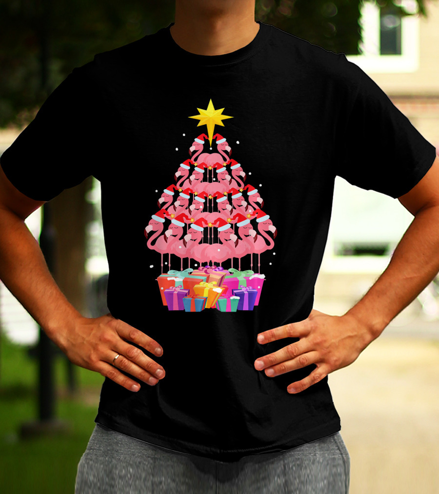 Flamingo Santa Hat Christmas Tree With Gifts And Star T-Shirt