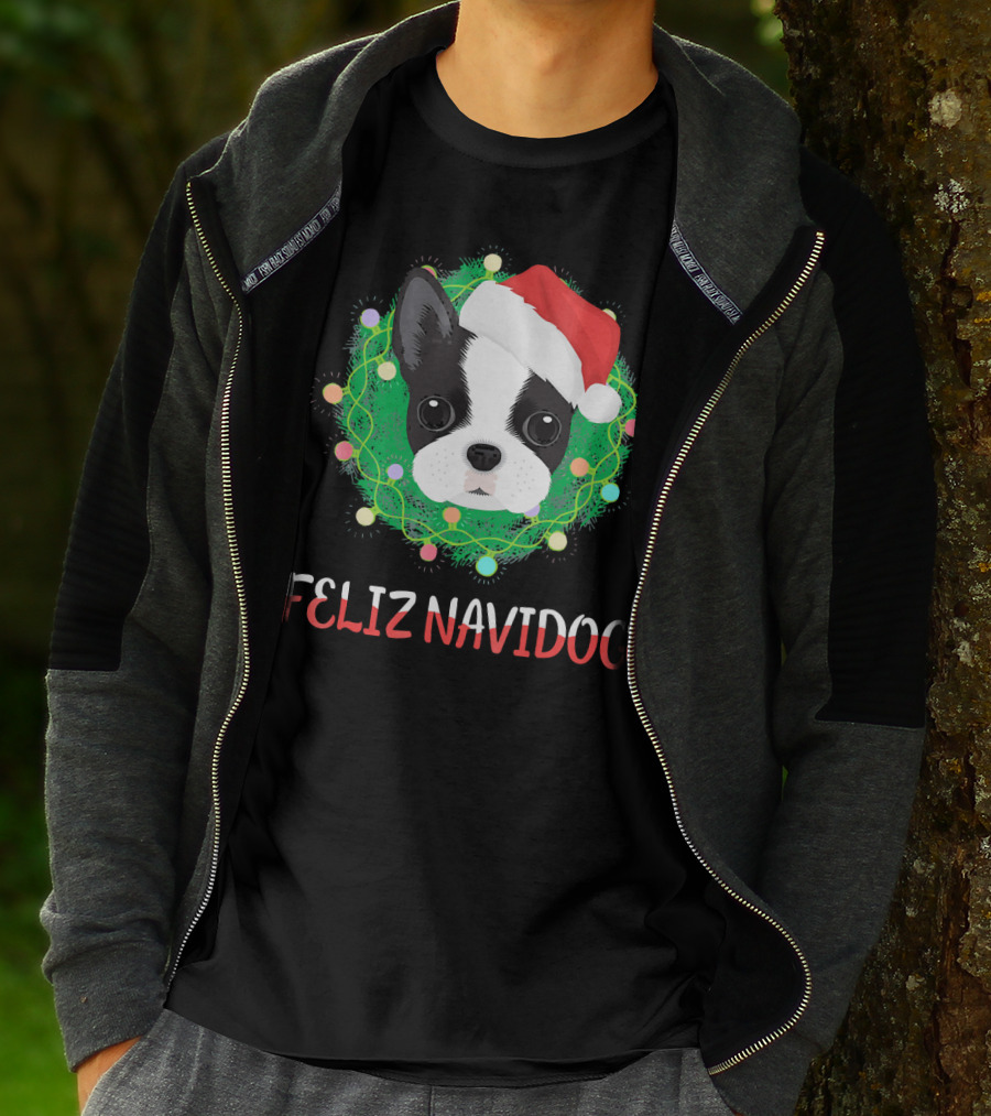 Boston Terrier Feliz Navidog Santa Hat Christmas Wreath T-Shirt