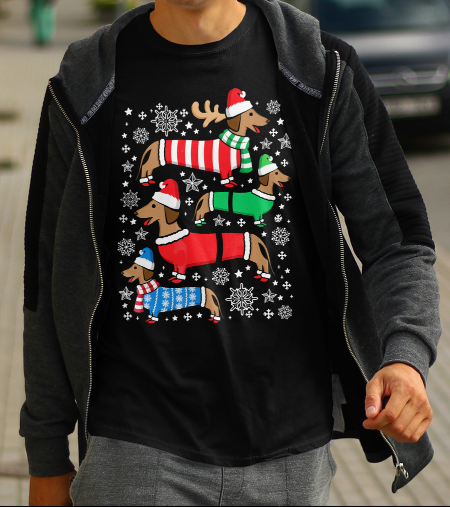 Dachshund Merry Christmas Weiner Ugly Sweater Santa Reindeer Snowflakes T-Shirt