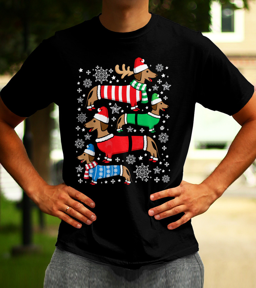 Dachshund Merry Christmas Weiner Ugly Sweater Santa Reindeer Snowflakes T-Shirt