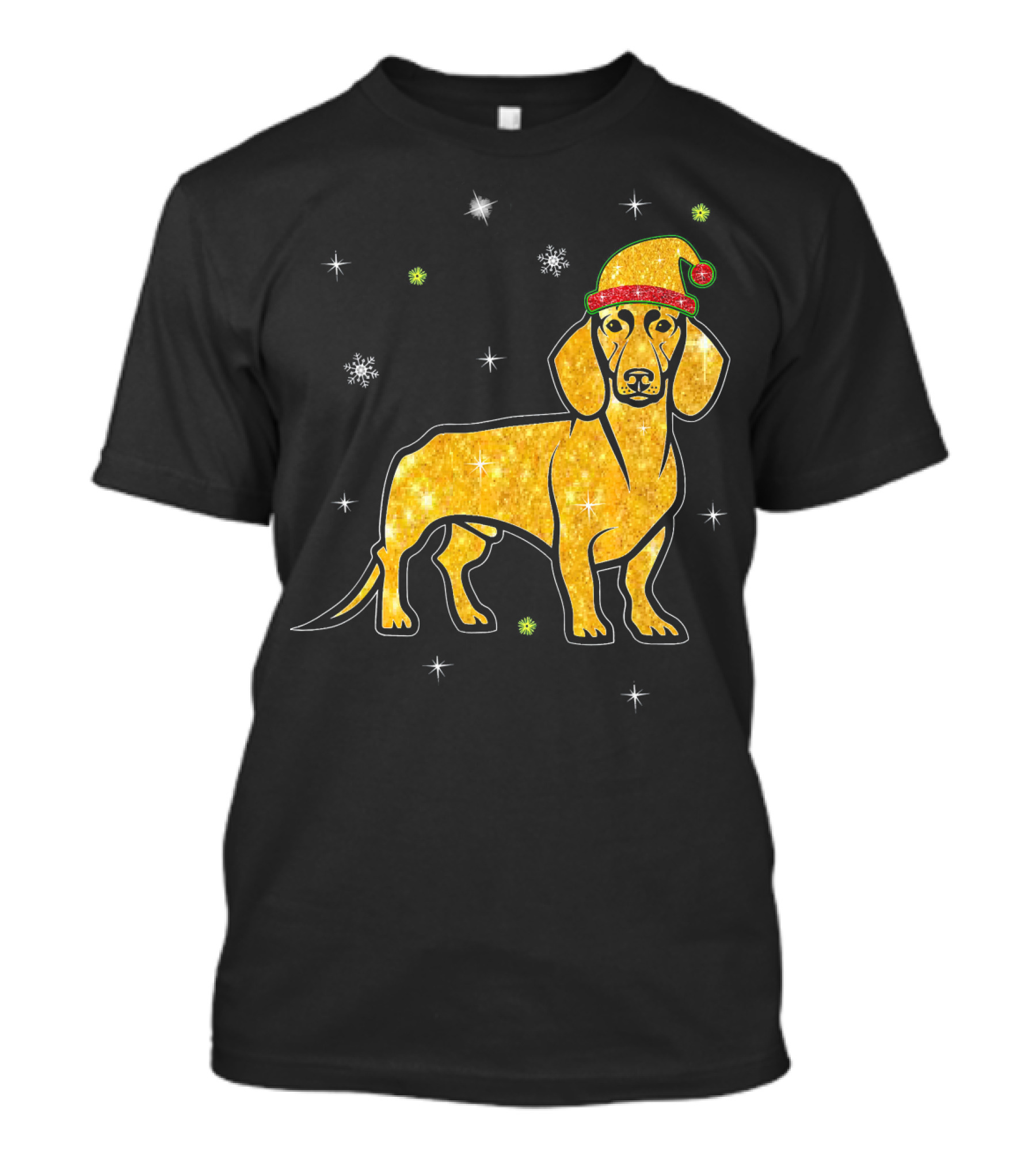 Christmas Lights Glitter Dachshund Dog With Santa Hat And Snowflakes T-Shirt