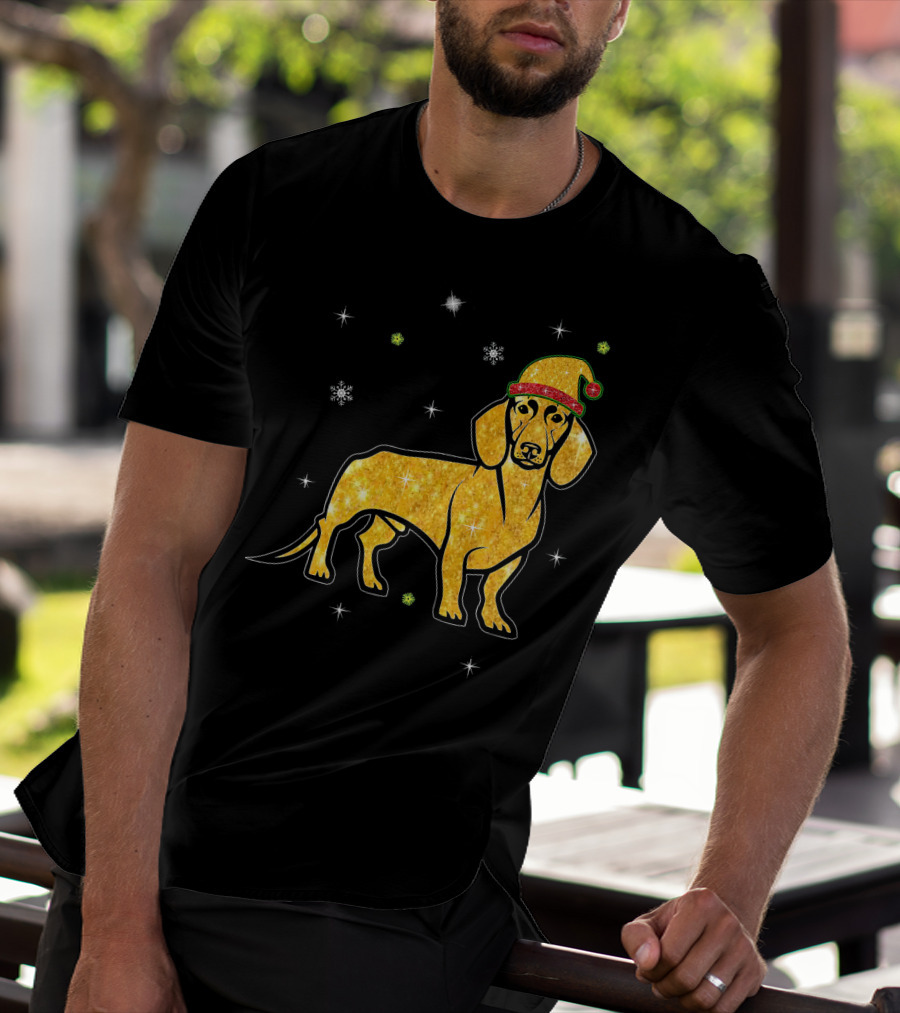 Christmas Lights Glitter Dachshund Dog With Santa Hat And Snowflakes T-Shirt