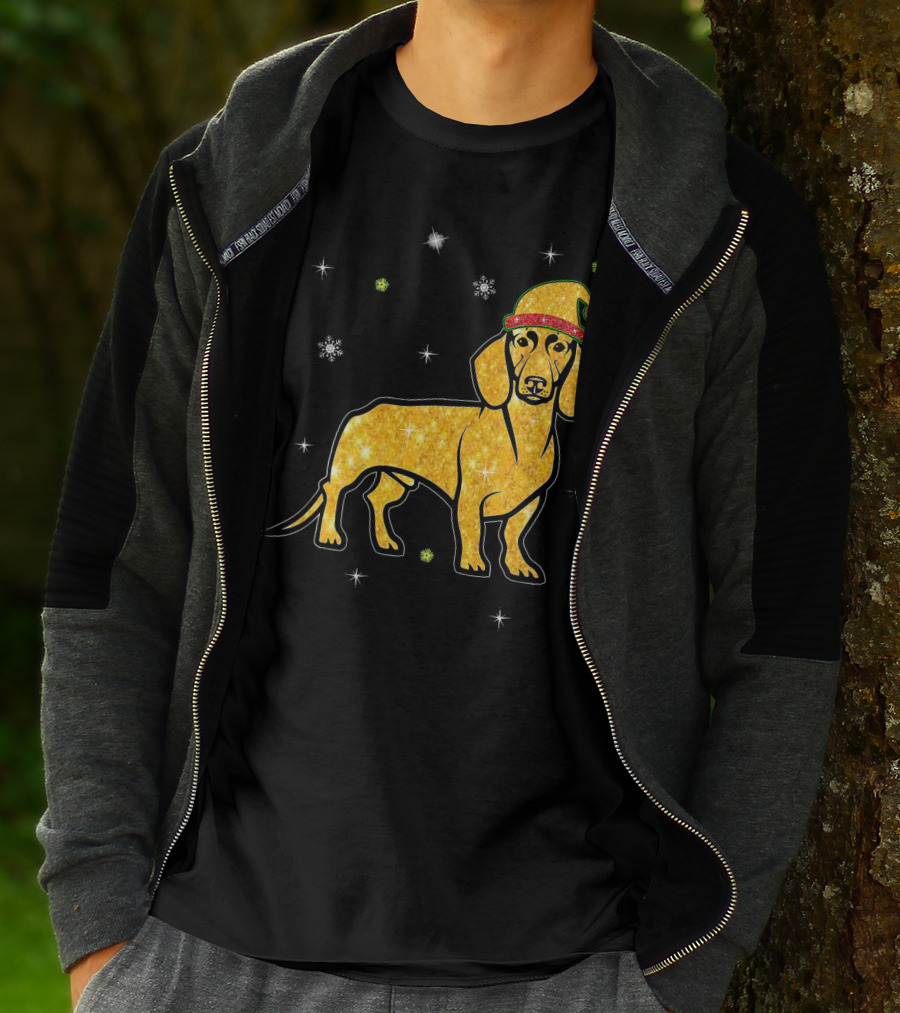 Christmas Lights Glitter Dachshund Dog With Santa Hat And Snowflakes T-Shirt