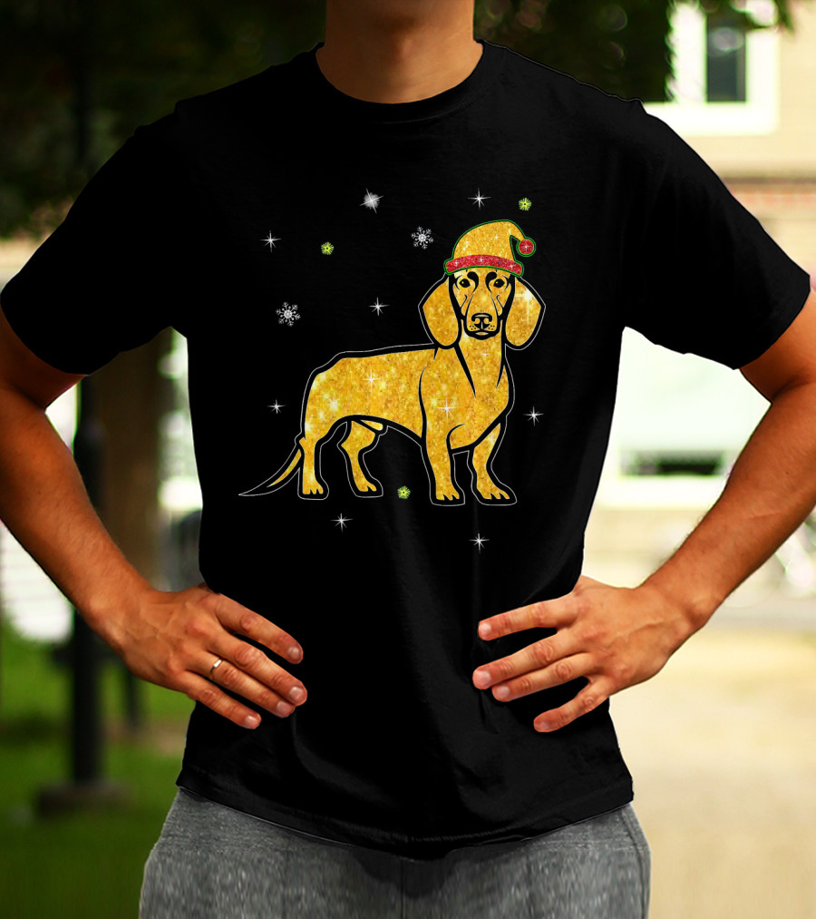 Christmas Lights Glitter Dachshund Dog With Santa Hat And Snowflakes T-Shirt