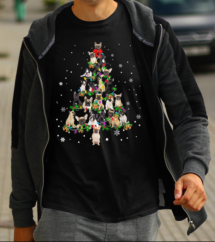Cute Frenchies Dog Christmas Tree Snowflakes Bright Decorations T-Shirt