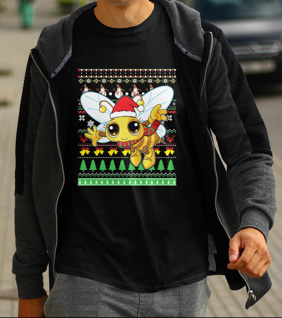 UglyBee Santa Claus Lovely Christmas Sweater Pattern With Cartoon Bee T-Shirt